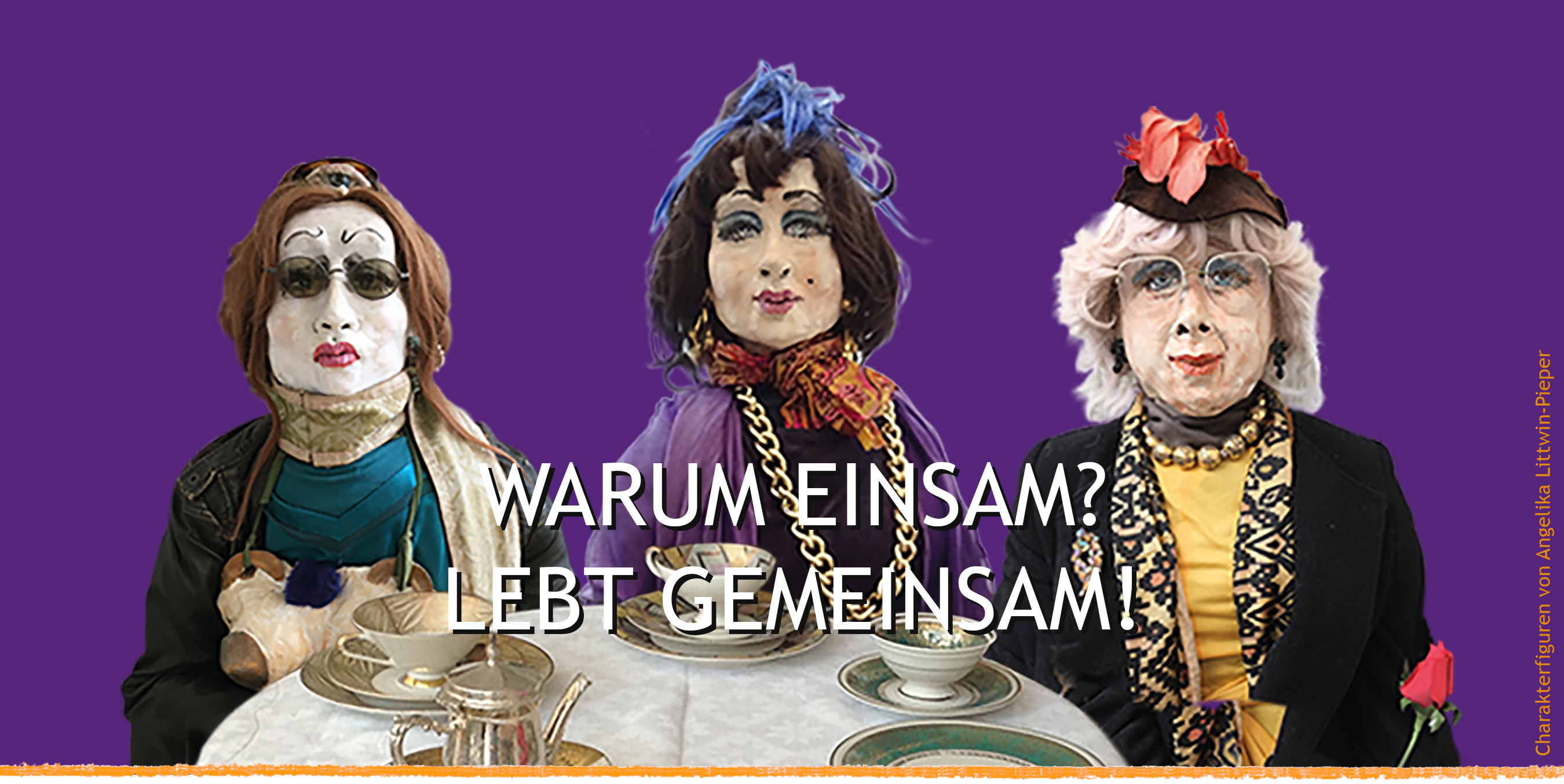 Lebensgroße Puppen: 3 alte elegant gekleidete Damen mit Hut sitzen an einem Kaffeetisch